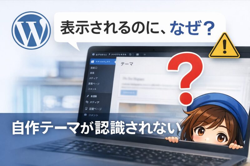 WordPressの自作テーマが認識されず管理画面の挙動が不安定になる原因を解説した記事のアイキャッチ画像